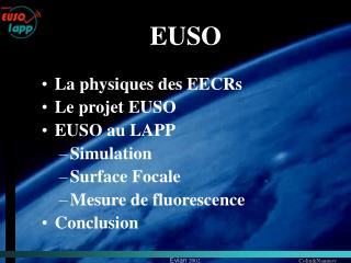 La physiques des EECRs Le projet EUSO EUSO au LAPP Simulation Surface Focale