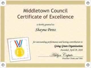 Middletown Council Certificate of Excellence