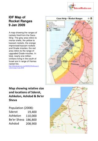 Map showing relative size and locations of Sderot, Ashkelon, Ashdod &amp; Be’er Sheva