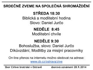 Sbor Církve bratrské v Ostravě sborová oznámení 28.9.2014