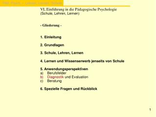 VL Einführung in die Pädagogische Psychologie (Schule, Lehren, Lernen) - Gliederung -