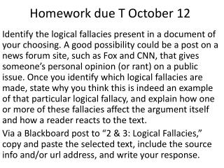 Homework due T October 12