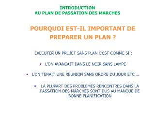 INTRODUCTION AU PLAN DE PASSATION DES MARCHES