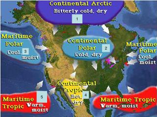 Air Mass – LARGE parcel of air taking on characterictics of the area over which it forms.