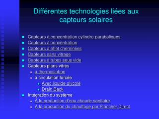 Différentes technologies liées aux capteurs solaires