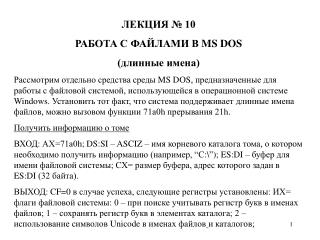 ЛЕКЦИЯ № 10 РАБОТА С ФАЙЛАМИ В MS DOS (длинные имена)