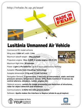 Commercial RC model airframe Wing area: 0.864 m 2 ; width: 2.4m