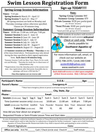 Swim Lesson Registration Form