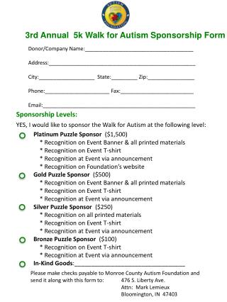 3rd Annual 5k Walk for Autism Sponsorship Form