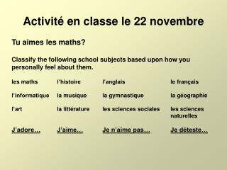 Activité en classe le 22 novembre
