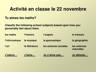 Activité en classe le 22 novembre