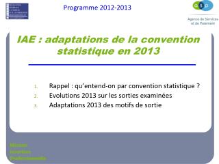 IAE : adaptations de la convention statistique en 2013