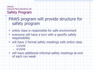 CM4120 Chemical Plant Operations Lab Safety Program