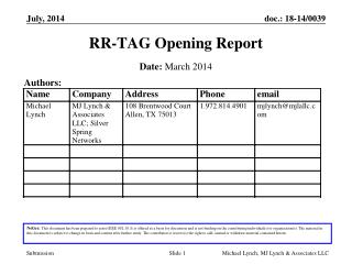 RR-TAG Opening Report