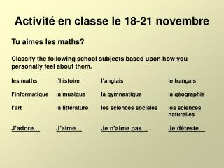 Activité en classe le 18-21 novembre