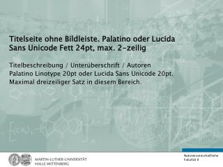 Titelseite ohne Bildleiste. Palatino oder Lucida Sans Unicode Fett 24pt, max. 2-zeilig