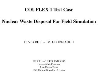 COUPLEX 1 Test Case Nuclear Waste Disposal Far Field Simulation D. VEYRET – M. GEORGIADOU