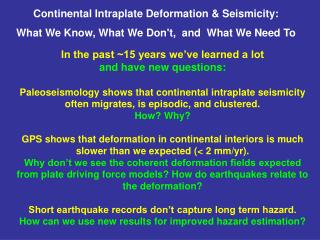 Continental Intraplate Deformation &amp; Seismicity: