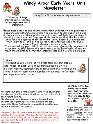 Windy Arbor Early Years’ Unit Newsletter