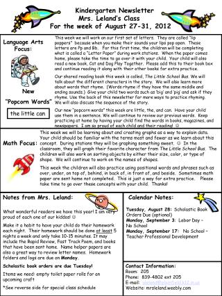 Kindergarten Newsletter Mrs. Leland’s Class For the week of August 27-31, 2012