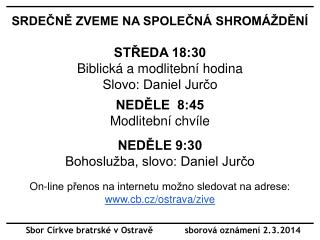 Sbor Církve bratrské v Ostravě sborová oznámení 2.3.2014