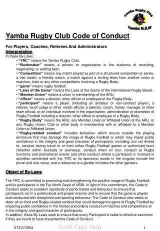 Yamba Rugby Club Code of Conduct For Players, Coaches, Referees And Administrators Interpretation