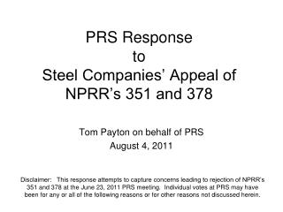 PRS Response to Steel Companies’ Appeal of NPRR’s 351 and 378