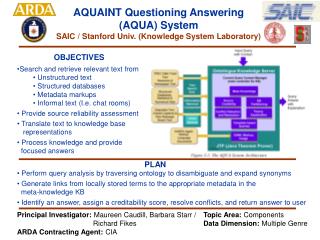 AQUAINT Questioning Answering (AQUA) System SAIC / Stanford Univ. (Knowledge System Laboratory)