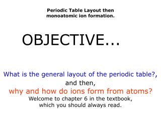 Periodic Table Layout then monoatomic ion formation.