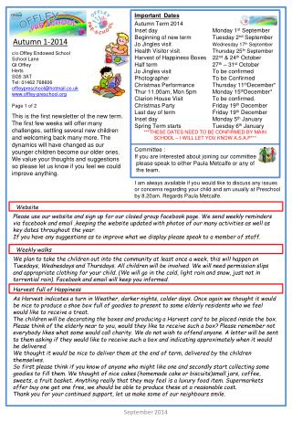 Important Dates Autumn Term 2014 Inset day		Monday 1 st September