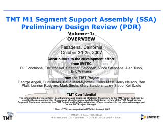 TMT M1 Segment Support Assembly (SSA) Preliminary Design Review (PDR) Volume-1: OVERVIEW