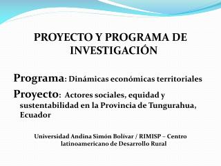 PROYECTO Y PROGRAMA DE INVESTIGACIÓN Programa : Dinámicas económicas territoriales