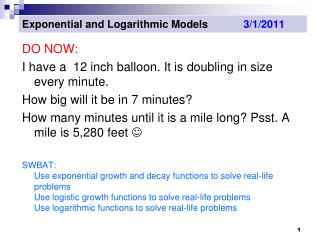 Exponential and Logarithmic Models 3/1/2011