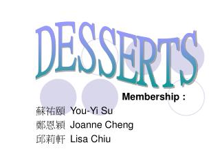 Membership : 蘇祐頤 You-Yi Su 鄭恩穎 Joanne Cheng 邱莉軒 Lisa Chiu