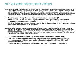 Apr. 4 Goal-Setting; Networks; Network Computing