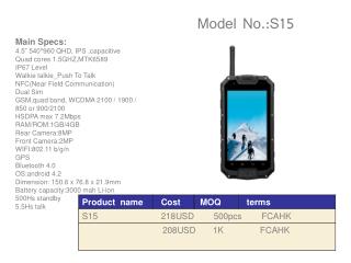 Main Specs: 4.5” 540*960 QHD, IPS ,capacitive Quad cores 1.5GHZ,MTK6589 IP67 Level