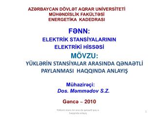 AZ ƏRBAYCAN DÖVLƏT AQRAR UNİVERSİTETİ MÜHƏNDİSLİK FAKÜLTƏSİ ENERGETİKA KADEDRASI