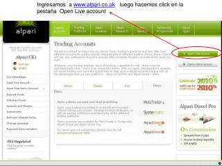 Ingresamos a alpari.co.uk luego hacemos click en la pestaña Open Live account