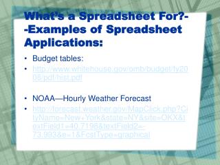 What’s a Spreadsheet For?--Examples of Spreadsheet Applications: