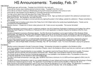 HS Announcements: Tuesday, Feb. 5 th