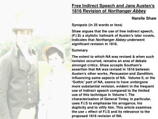 Free Indirect Speech and Jane Austen’s 1816 Revision of Northanger Abbey Narelle Shaw