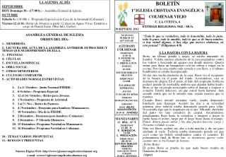 LA AGENDA AL DÍA SEPTIEMBRE HOY Domingo 30.- ( 17:00 h .).- Asamblea General de Iglesia.