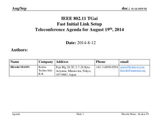 IEEE 802.11 TGai Fast Initial Link Setup Teleconference Agenda for August 19 th , 2014