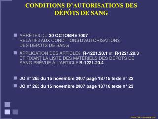 CONDITIONS D’AUTORISATIONS DES D ÉPÔTS DE SANG