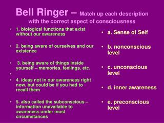 Bell Ringer – Match up each description with the correct aspect of consciousness