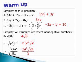 Simplify each expression. 1. 14 x + 15 y – 12 y + x 2. 9 xy + 2 xy – 8 xy