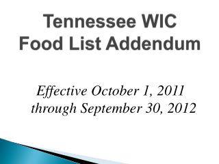 Tennessee WIC Food List Addendum