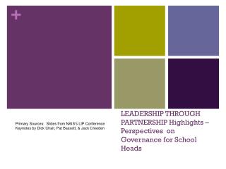 LEADERSHIP THROUGH PARTNERSHIP Highlights – Perspectives on Governance for School Heads