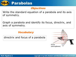 Write the standard equation of a parabola and its axis of symmetry.