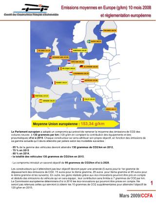 Emissions moyennes en Europe (g/km) 10 mois 2008 et règlementation européenne